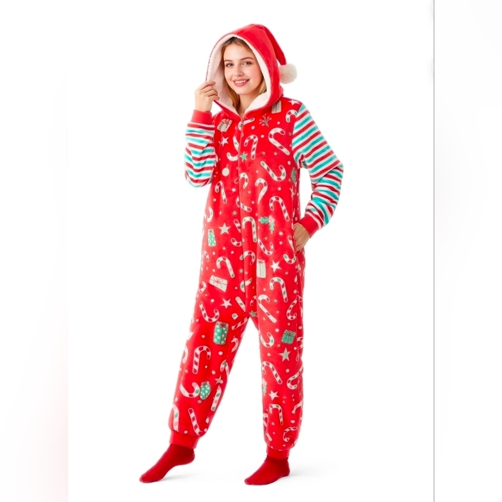 Giggling Getup,Joyfy Christmas Pajamas Hoody Jumpsuit, Size Small
